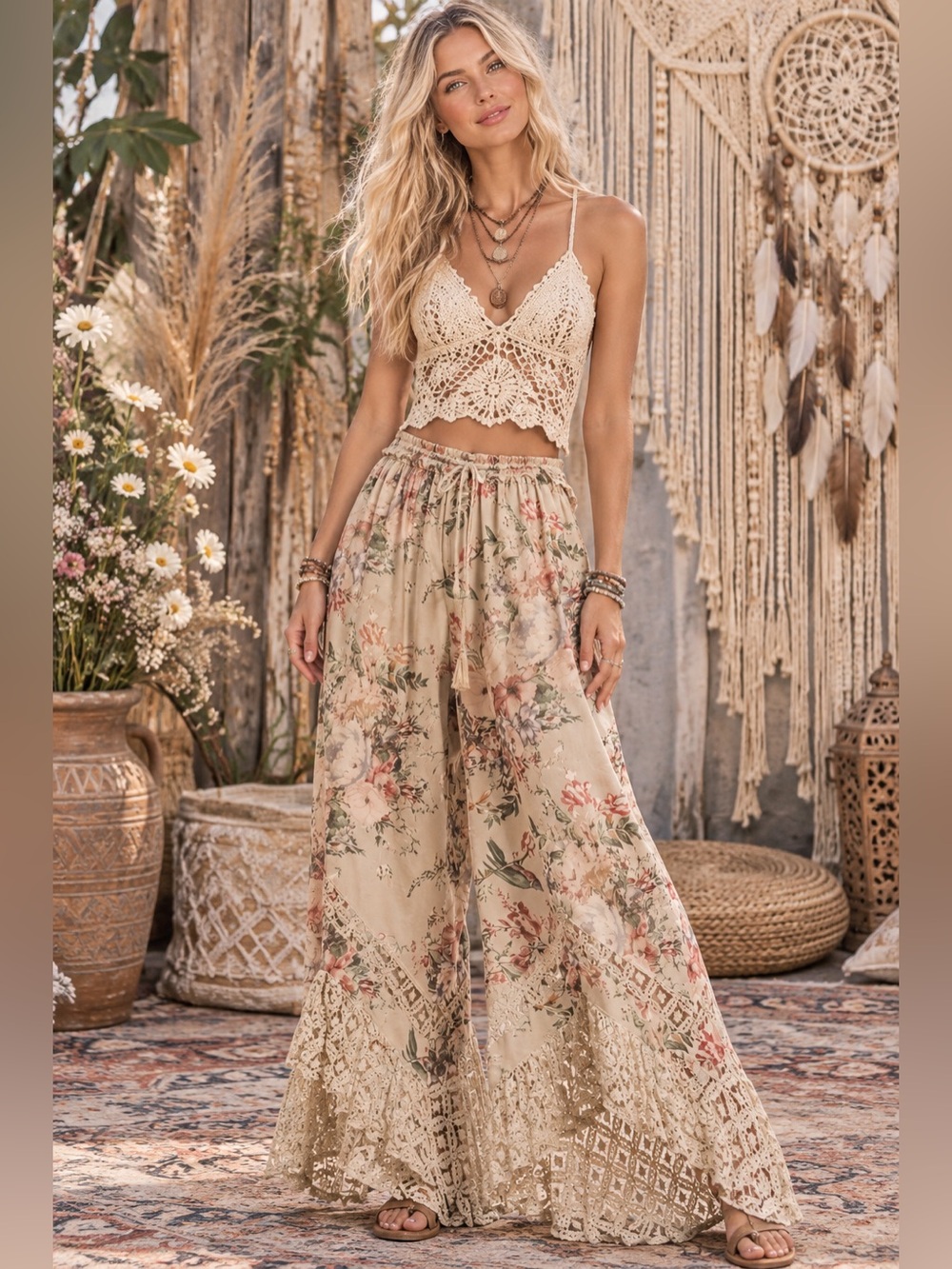 Blue Velvet Boho Floral Wide-Leg Lace-Hem Pants in Beige